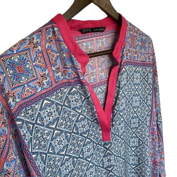 Zara Basic Pink, Blue and White Satin 3/4 Sleeve Blouse - Large - Picture 2 of 4